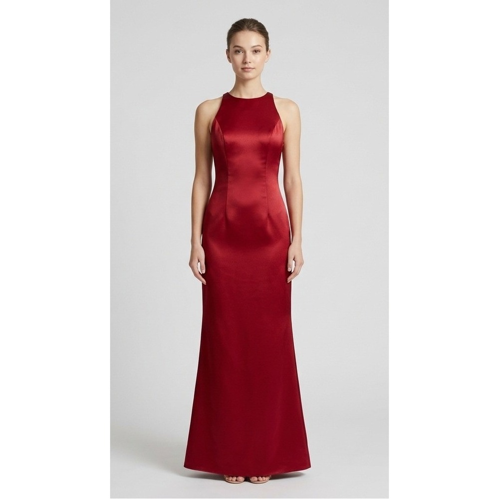 After Six Gown 6 Red Satin High Neck Tie Back Formal Maxi‎ Prom Dress 90s NEW